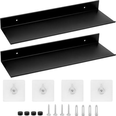 Set van 2 Zwarte Wandplanken van 40 cm - Metalen Planken met Zelfklevende Schroeven voor Slaapkamer, Woonkamer en Kantoor - Decoratie en Opbergruimte