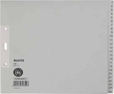 LEITZ kraftpapier-tabbladen, cijfers, A4 overbreed, 1-25,grijs