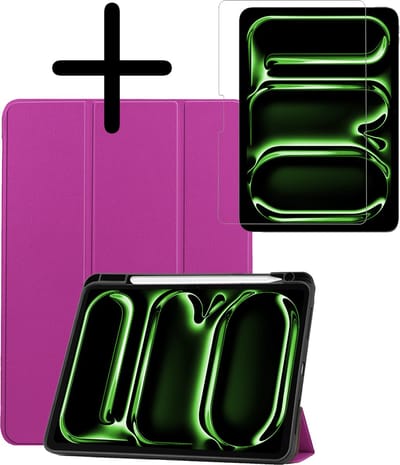 Hoesje Geschikt voor Apple iPad Pro (2024/2025) - 11 inch - Met Screenprotector - Trifold Bookcase - Hard Cover Case - Met Uitsparing Geschikt voor Apple Pencil - Hardcover Book - Tablet Hoes - Paars