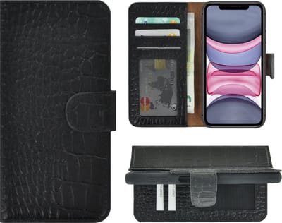 Hoesje Geschikt voor iPhone 11 - Bookcase - Portemonnee Hoes Echt leer Wallet case Croco Zwart