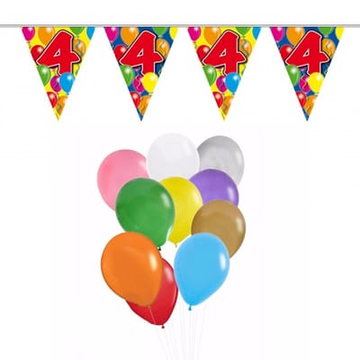 Folat Verjaardag 4 jaar feestartikelen set - 50x ballonnen - 2x leeftijd print vlaggenlijnen