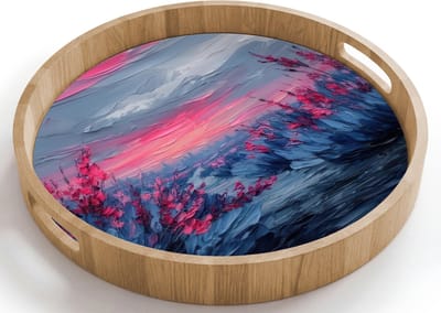 Dienblad rond 40x40 cm - Schootdienblad hout - Schilderij - Zonsondergang - Bloemen - Rivier - Borrelplank rechthoek - Plateau houten dienbladen