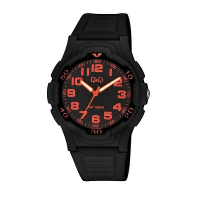 Q&Q V31A-005VY - Horloge - Sport - Analoog - Unisex - Plastic band - Rond - Cijfers - Kunststof - Zwart - Oranje - 10 ATM