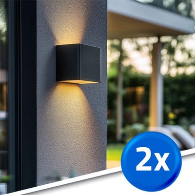 Solar wandlamp buiten 'Emme' - Recht - Set van 2 stuks - Up down light - Warm wit licht (2700K) - IP54 - 20 lumen - Tuinverlichting op zonne-energie - Zwart