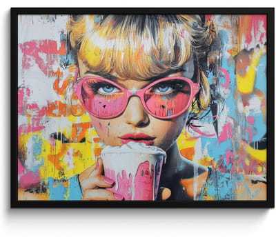 Poster in lijst - Fotolijst 80x60 cm - Posters - Expressief - Milkshake - Vrouw - Felle kleuren - Posterlijst zwart - Decoratie - Wanddecoratie woonkamer - Muurdecoratie slaapkamer
