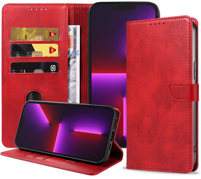Geschikt voor iPhone 13 Pro Telefoonhoesje Kunstleer met Magnetisch lipje en Pasjeshouder Book Case met Klepje - Rood - Smartphonica geschikt voor iPhone 13 Pro