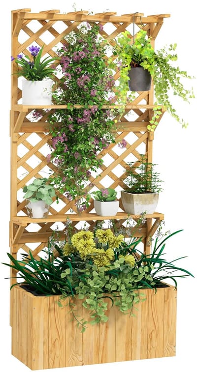 Plantenbak met klimrek - Weerbestendig - Bloembak - Met trellis - Buiten - Hout - Plantenrek - Vierkant - Natuurlijk hout