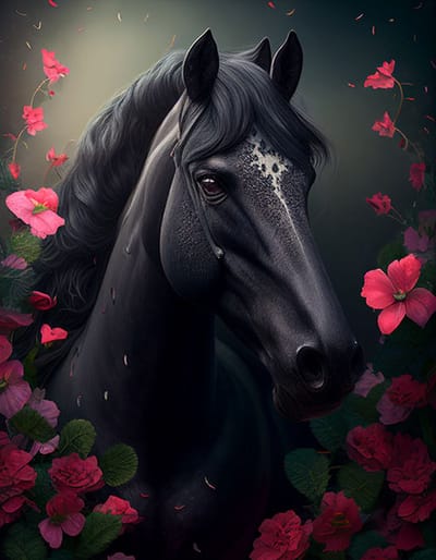 AI - Woondecoratie - Poster - Dieren - Paard - Bloemen en jungle - 26 - 30 x 40 cm