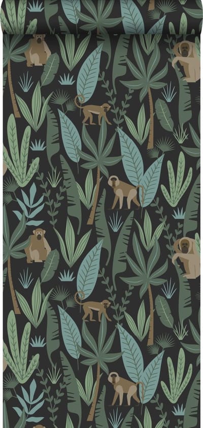 ESTAhome behang jungle apen zwart, donkergroen en mintgroen - 53 cm x 10.05 m - 139074