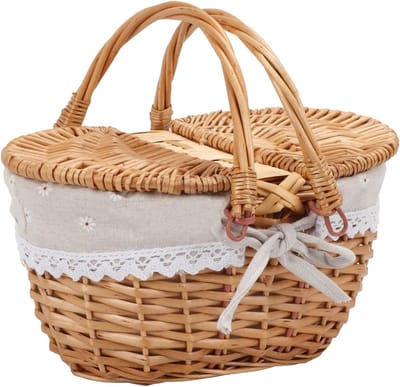 Draagbare Wicker Picknickmand met Deksel en Handvat, Vintage Stijl, Ideaal voor Picknicks, Kamperen en Winkelen, Compact en Functioneel