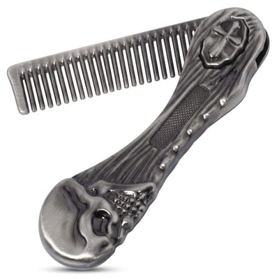 Zilverkleurige baardkam heren opvouwbare metalen baardkam zakformaat styling kam voor baard en haar inklapbare baardkam met schedel reliëf compact verzorgingsaccessoire