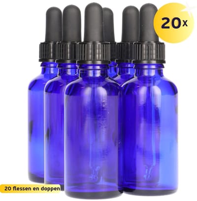20x Druppelflesje met Druppelaar 50 ml - Blauw - Pipetflesje, Lege Druppelfles Pipet, Glazen Druppel Fles, Drops - Vulbaar - Glas - 20 Stuks