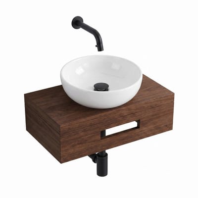 Saniclass Terra Fonteinplank - 40x25x10cm - met handdoekhouder - waskom (glans) - fonteinkraan (mat zwart) - afvoerplug - sifon - kastanje (walnoot)