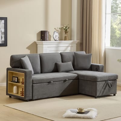 REDOM - Hoekslaapbank - Uitklapbaar Met Opbergruimte En USB-Aansluiting - Modern - Woonkamer - Oxfordstof - Donkergrijs - 214 X 131 X 87 Cm