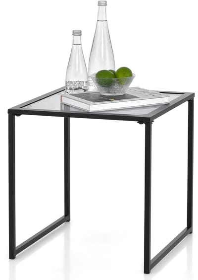 COSTWAY Bijzettafel, kleine tuintafel, balkontafel met tafelblad van gehard glas, koffietafel voor woonkamer, tuin, balkon, terras, 43 x 43 x 45 cm