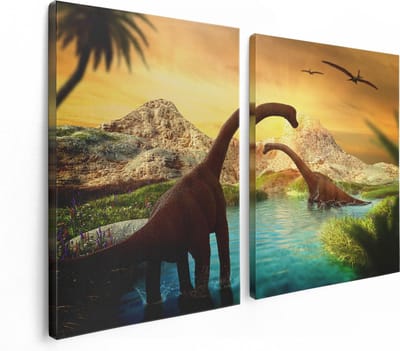 Artaza Canvas Schilderij Tweeluik Dinosauriërs in het Water - Dino's - 120x80 - Foto Op Canvas - Canvas Print