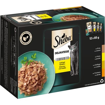 96x85g Maaltijdzakjes Delicatesse in Gelei Gevogelte variatie Sheba Kattenvoer