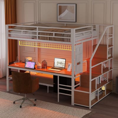DESMIU Metalen Hoogslaper 140x200 cm Met Onderbed 90x200 cm Zonder Matras – Bureau Met Lichtstrip En Stopcontacten – Opbergruimte En Stoffen Lades – Jeugdkamer – Wit