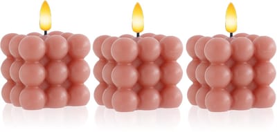 Meisterhome Bubble LED Kaarsen Set van 3 - Roze – Wax Kaarsen met Timer – 7.5x7.5 cm – Warm Wit Flikkerend Licht – Veilig & Sfeervol
