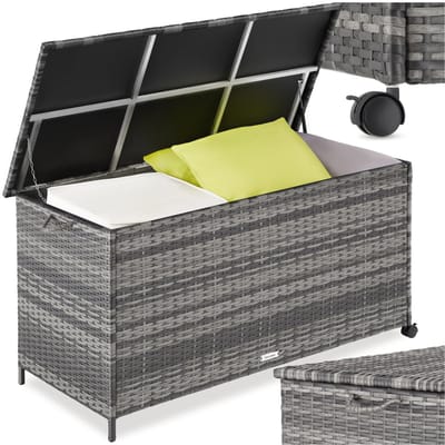 tectake® Wicker Opbergbox - 253 L - Kussenbox voor Buiten - Tuinbox - 116 x 54 x 64 cm - Weerbestendig en Afsluitbaar met Deksel - Verrijdbaar - Inclusief 2 Handgrepen, 2 Wielen met Rem en Gasveren - Tuinkist - Grijs