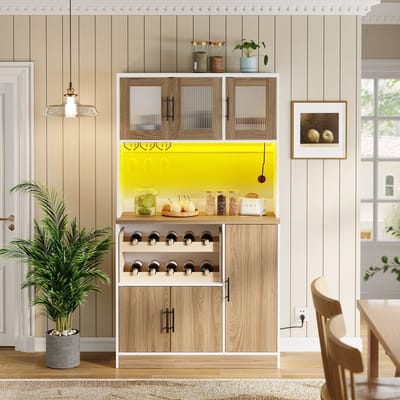 Pugsdrly Kitchen Pantry Cabinet, keukenkast met ledverlichting en stopcontact, hoge voorraadkast met wijnglashouder, wijnrek & veel opbergruimte, moderne keukenkast met houten deuren, 100x40x180 cm