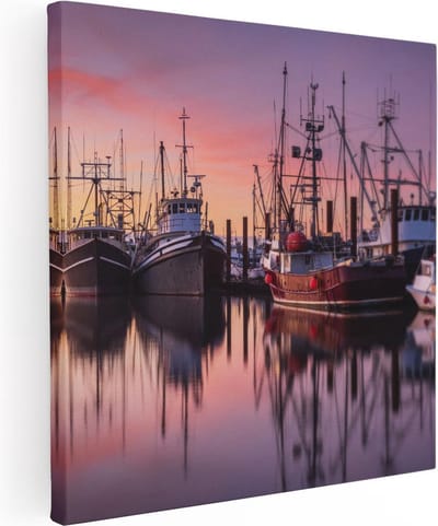 Artaza Canvas Schilderij Zonsondergang Haven - 30x30 cm - Klein - Wanddecoratie Boten - Muurdecoratie Zee - Schilderijen Op Canvas
