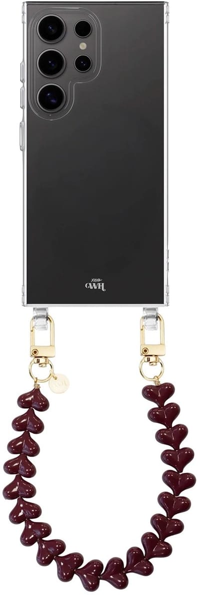 xoxo Wildhearts siliconen hoesje geschikt voor Samsung Galaxy S26 Ultra hoesje - Funky Hearts (Burgundy) - Telefoonhoesje - Hoesje met koord - Bordeaux rood koord - kort telefoonkoord - Hartjes ketting - Transparant hoesje