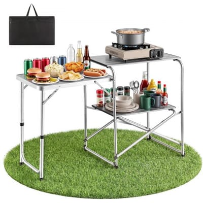 VEVOR opklapbare campingtafel, campingkookstation met bijzettafel, hittebestendig tafelblad en draagtas, draagbaar campingkeukenstation, ideaal voor picknicks, barbecues en camperreizen.