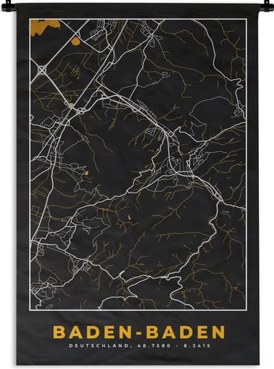 Wandkleed - Wanddoek - Stadskaart – Kaart – Baden Baden – Gold – Duitsland – Plattegrond - 120x180 cm - Wandtapijt