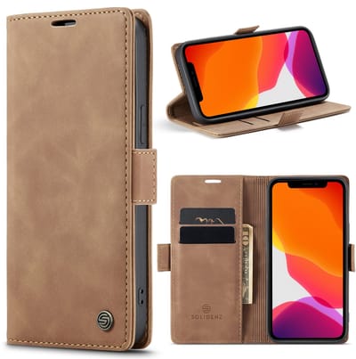 Geschikt Voor iPhone 14 Plus Hoesje - Solidenz Urban Bookcase 14 Plus - Telefoonhoesje 14 Plus - 14 Plus Case Met Pasjeshouder - PU Leren Hoes - Draadloos Opladen - Bruin