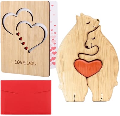 Dailygoods- Wenskaarten Set - Houten Verjaardagskaarten - Valentijnskaarten met Envelop - Beer Puzzel - I Love You Kaart - Hoogwaardig Hout