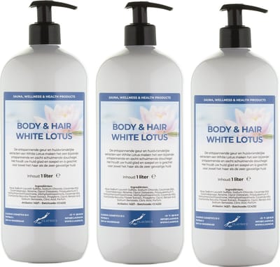 Body & Hair White Lotus 1 Liter - met gratis pomp - set van 3 stuks - 2 in 1 voor lichaam en haar.