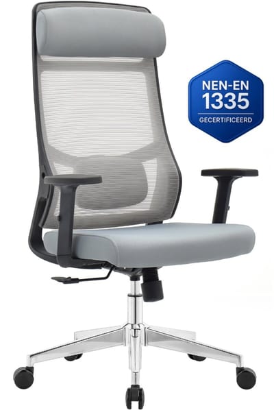 OfficeSense OS110 Ergonomische Bureaustoel – Mesh Office Chair – NEN1335-gecertificeerd – Volwassenen – Hoofdsteun – Rugsteun – Grijs