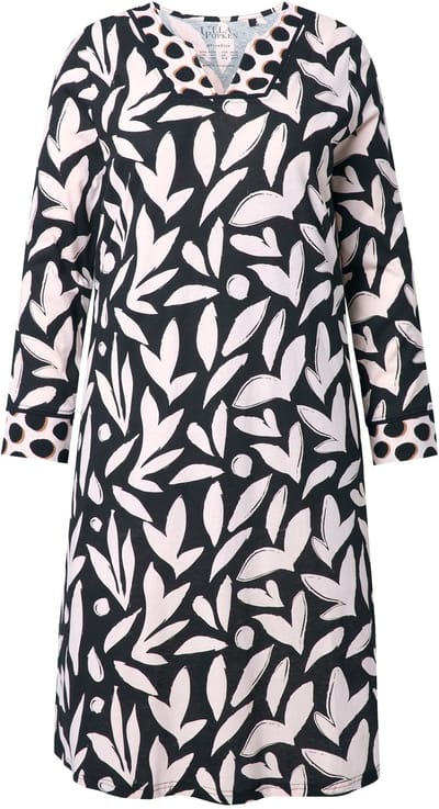 Ulla Popken - Dames - Nachthemd bloemprint tuniekhals lange mouw - Zwart - Maat 42+