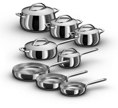 BergHOFF Home Belly Pannenset 13-delig – Luxe RVS Kookset – Steelpan 16cm, Kookpotten 18/20/24cm, Hapjespan 24cm + 5 Deksels – Inclusief Koekenpannen 20/24/28cm – PFAS-Vrij & Inductie – Stellar Steel