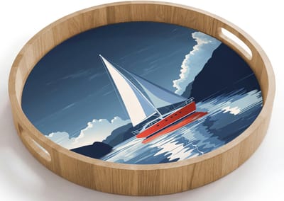 Dienblad rond 40x40 cm - Schootdienblad hout - Zeilboot - Donkere bergen - Stilte - Borrelplank rechthoek - Plateau houten dienbladen