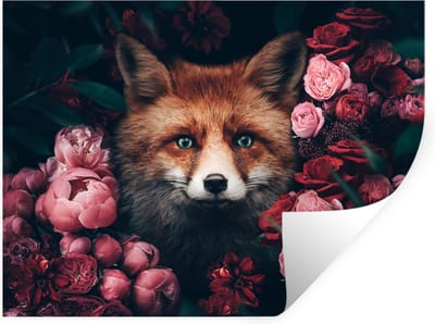Muurstickers - Sticker Folie - Vos - Bloemen - Botanisch - Dieren - 40x30 cm - Plakfolie - Muurstickers Kinderkamer - Zelfklevend Behang - Zelfklevend behangpapier - Stickerfolie