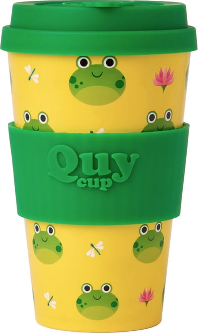 Quy Cup 400ml Ecologische reisbeker - “Kikker" - Gerecycleerde flessen met Groen siliconen deksel 9x9xH15cm