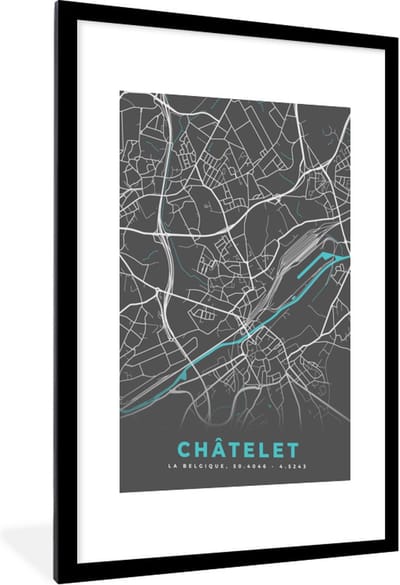 Fotolijst incl. Poster - België – Châtelet – Stadskaart – Kaart – Blauw – Plattegrond - 60x90 cm - Posterlijst
