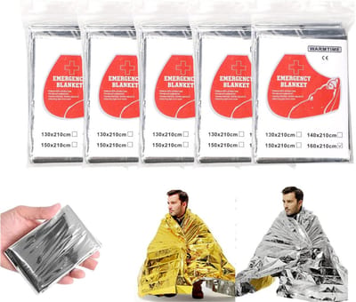 nooddeken- Noodfoliedeken - Perfect voor buitenwandelen, overleven, marathons of eerste hulp- Overlevingsdeken - Bescherming tegen vorst, bergbeklimmen, noodbescherming tegen kou, overlevingsuitrusting (5-pack - één kant goud, één kant zilver)