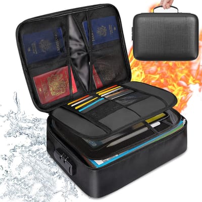 Brandwerende documententas - reisorganizer - met cijferslot - grote documententas voor thuisgebruik - meerdere compartimenten - brand- en waterdicht - geschikt voor paspoorten, certificaten en documenten - 27*10*37 cm - glasvezel - zwart