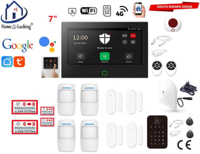 Draadloos / bedraad alarmsysteem met 7-inch touchscreen voor woning/camper/boot/caravan werkt met wifi en sim kaart en met spraakgestuurde apps. (Nederlands of Frans stem en tekst). ST01B-7