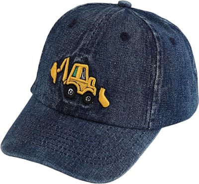 Verstelbare Denim Basecap voor Kinderen met Graafmachine Motief, Geschikt voor Jongens en Meisjes van 3-8 Jaar, Maat 52-54 cm