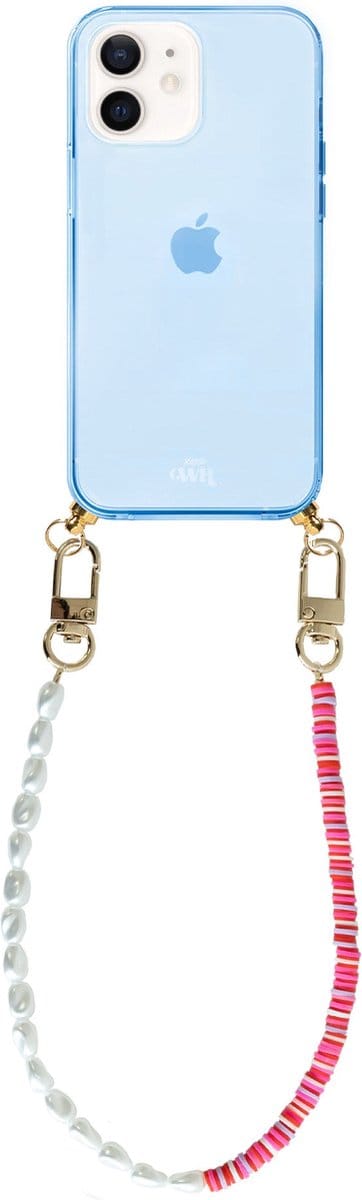 xoxo Wildhearts silicone case met koord - Blauw telefoonhoesje met koord - telefoonketting - Island Girl - short - Cord Case - geschikt voor Apple iPhone 11 - Korte parelketting / kralenketting - Parels - Wit / Roze