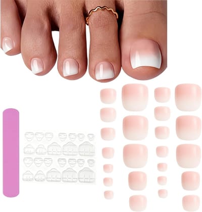 24 Pcs Nepnagels voor Teennagels, Roze Witte Gradient, Korte Vierkante Plaknagels met Vijl, Zelfklevende Pedicure Tips voor een Perfecte Look