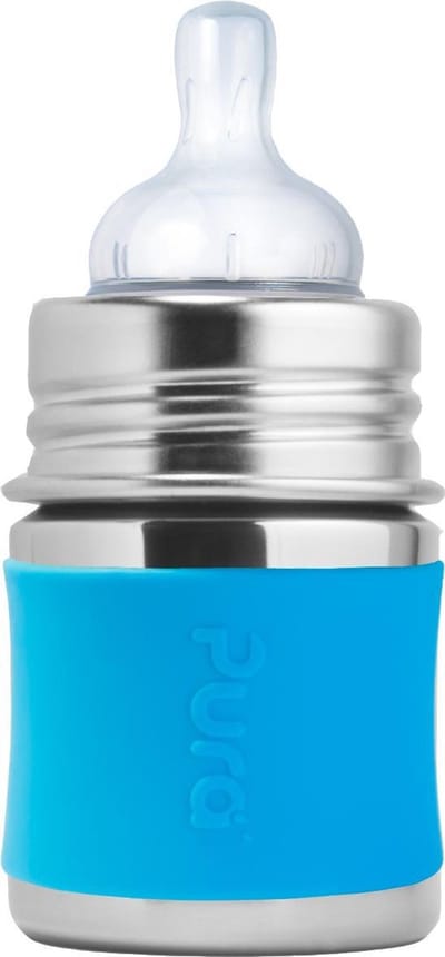 Pura Speenfles 150 ml - Plasticvrij - Drinkfles - Voorkomt Maagkrampen - Vaatwasserbestendig - Inclusief Siliconen Speen, Reisdop en Sleeve - Top is Verwisselbaar - Veelzijdig - Aqua