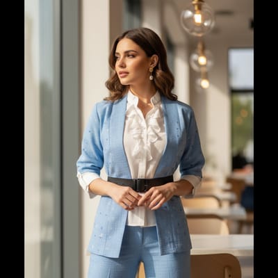 3-delige Linnen Dames Set met Zwarte Riem – Blazer, Broek & Witte Blouse met Oprolbare Mouwen- S, Pink- M, Blue