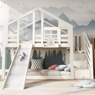VVBV Kinderstapelbed Huisbed 90x200 cm - Lattenbodem, Uitvalbeveiliging, Glijbaan, Huisdesign - Wit - Zonder Matras