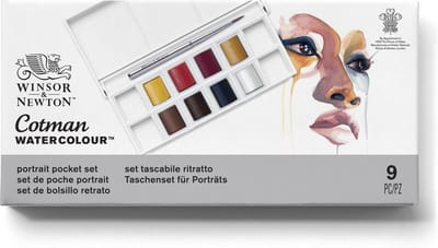 Winsor & Newton 0390670 Cotman Aquarelverf Set – Portrait Pocket Set – 8 Halve Napjes Waterverf – Compact Aquarelpalet met Penseel