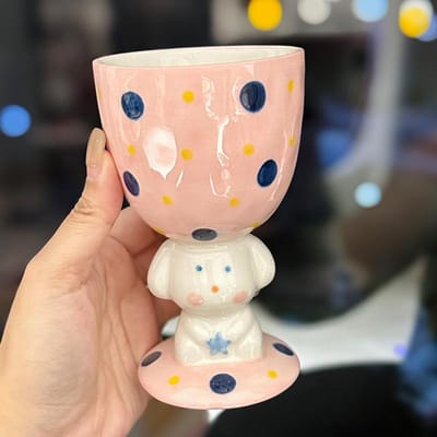 Tasses en céramique rose chiot mignon dessin animé peintes à la main gobelets créatifs à pois tasses à café pour la maison comme souvenirs 280ml beige